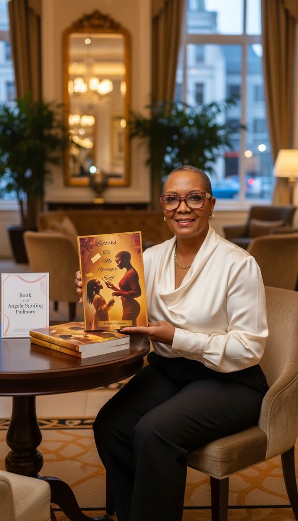 Author Angela Padmore holding her book "Letters To My Younger Self" at a signing event.
