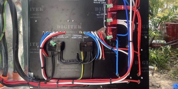 Electrical panel with organized wiring and labeled connections.