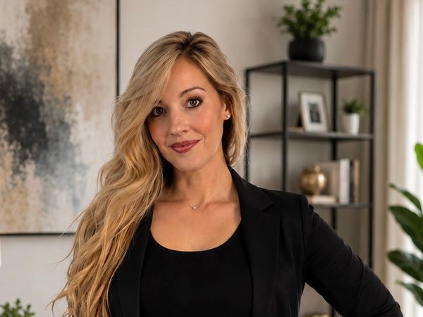 Confident woman with long blonde hair in a black blazer smiles warmly indoors.