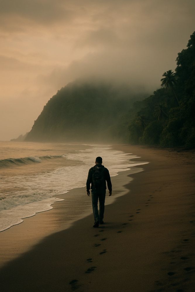 A person walks alone on a misty beach at dusk.
