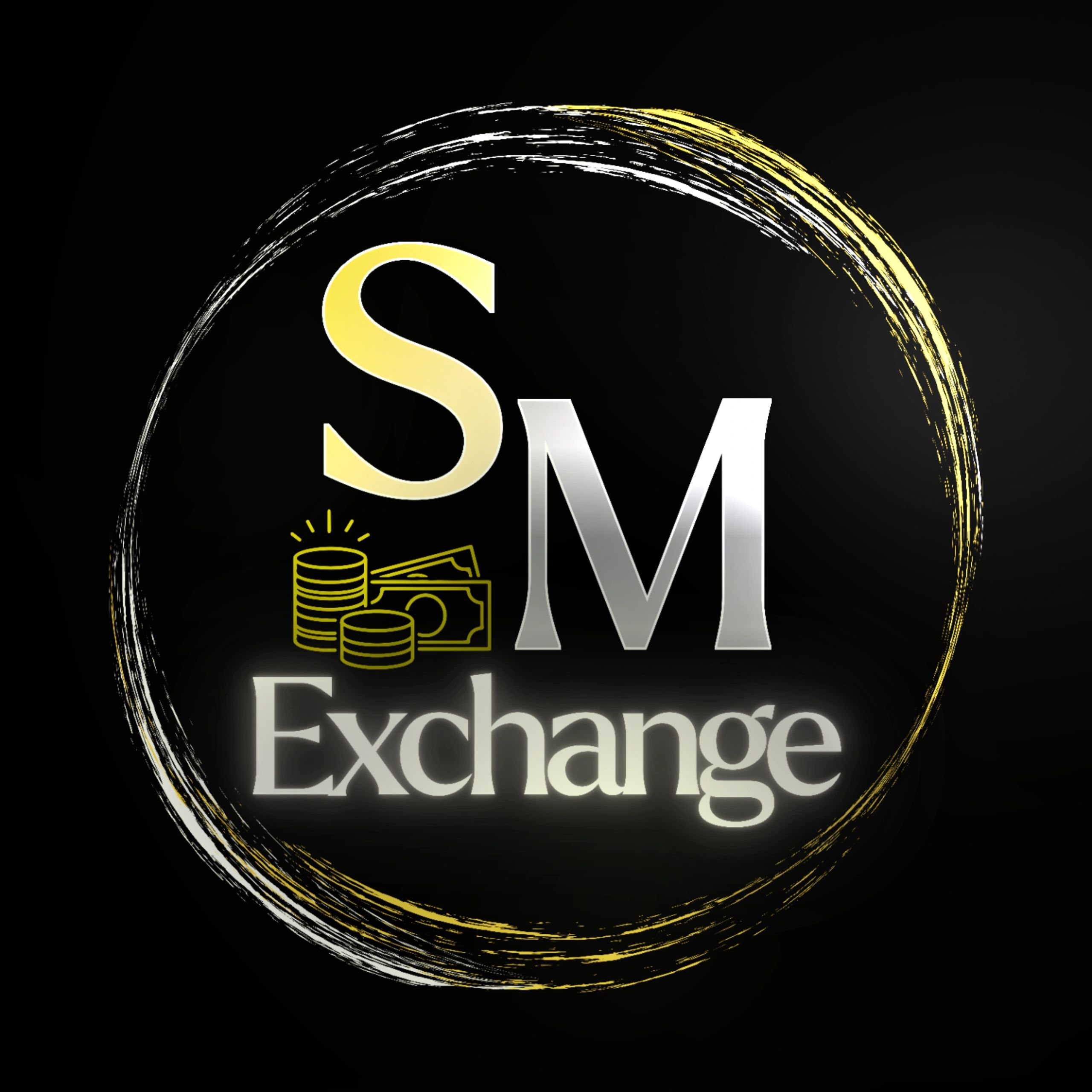 Logo for SM Exchange with gold and silver letters and a circular brushstroke.