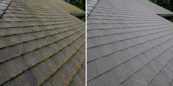 Side-by-side comparison of a roof before and after cleaning.