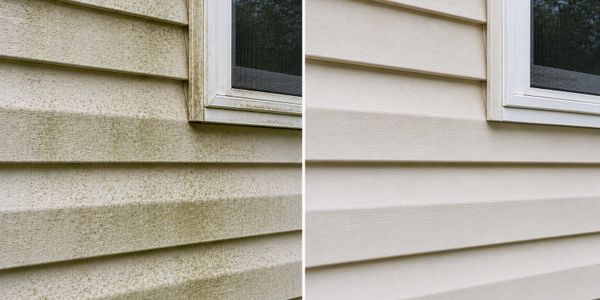 Side-by-side comparison of dirty and cleaned house siding.