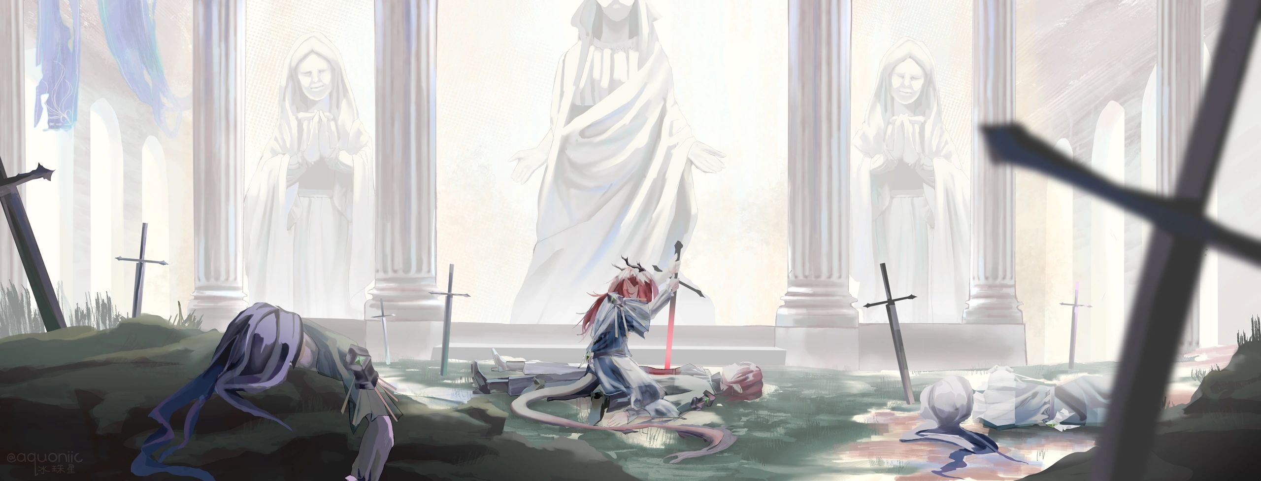 A lone figure kneels with a glowing sword before large statues in a solemn, cathedral-like setting.