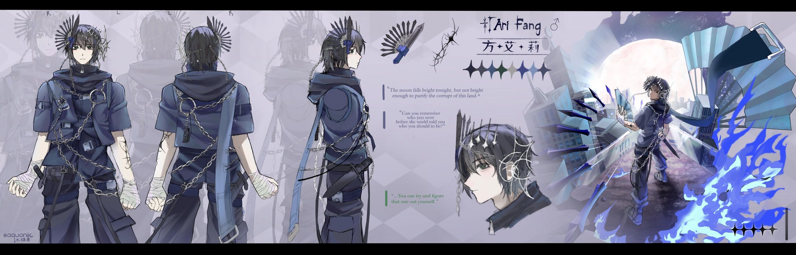 Character design sheet of Ani Fang with detailed outfit and weapon.