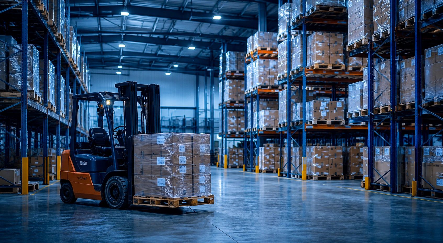 Montacargas en almacén con cajas apiladas.