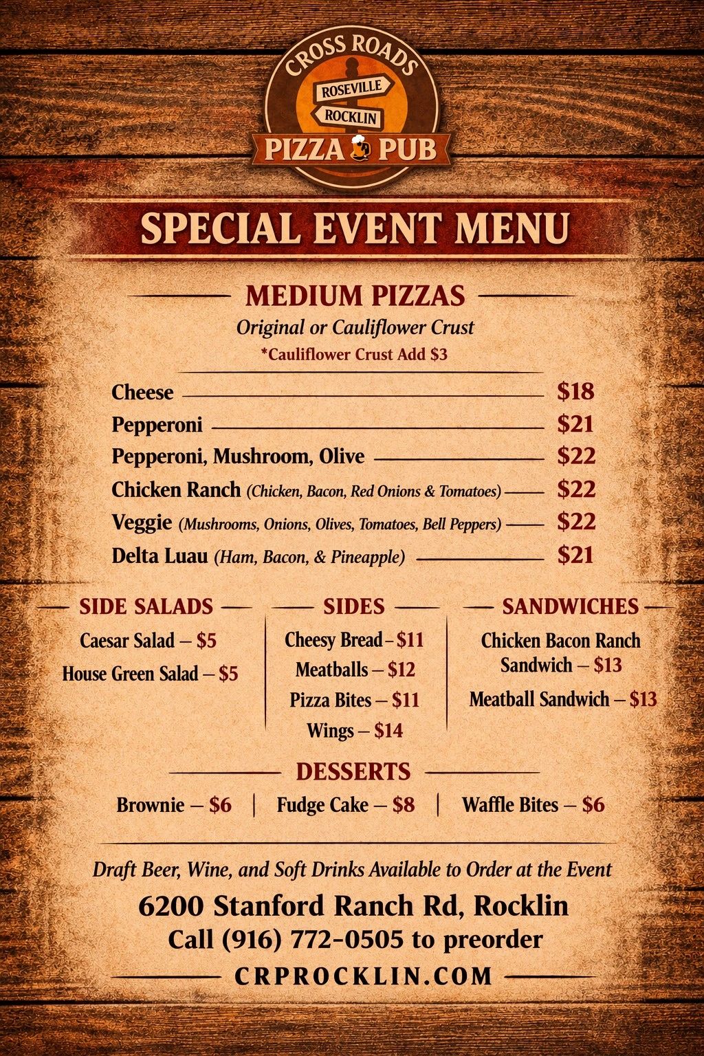 Cross Roads Pizza Pub special event menu with medium pizzas, sides, salads, sandwiches, and desserts.