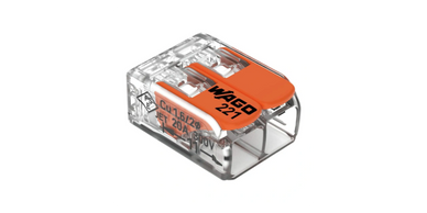 Transparent WAGO 227 electrical connector with orange levers.