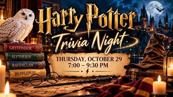 Harry Potter Trivia Night event poster with magical theme.