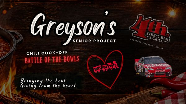 Grayson's chili cook-off event poster with Toys for Tots theme.