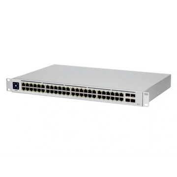 A rack-mounted network switch with multiple Ethernet ports.