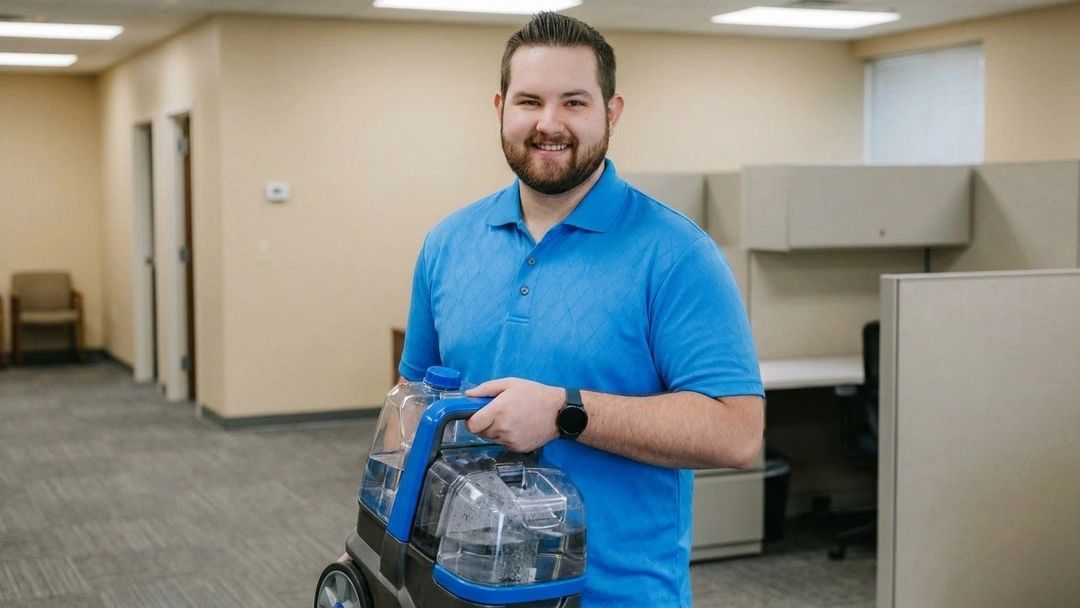 Smiling man in blue shirt holding a carpet cleaning machine in an office.