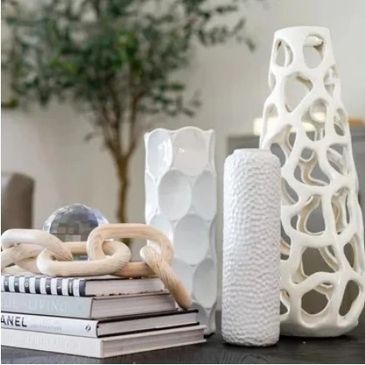 home accessories, book, white vases