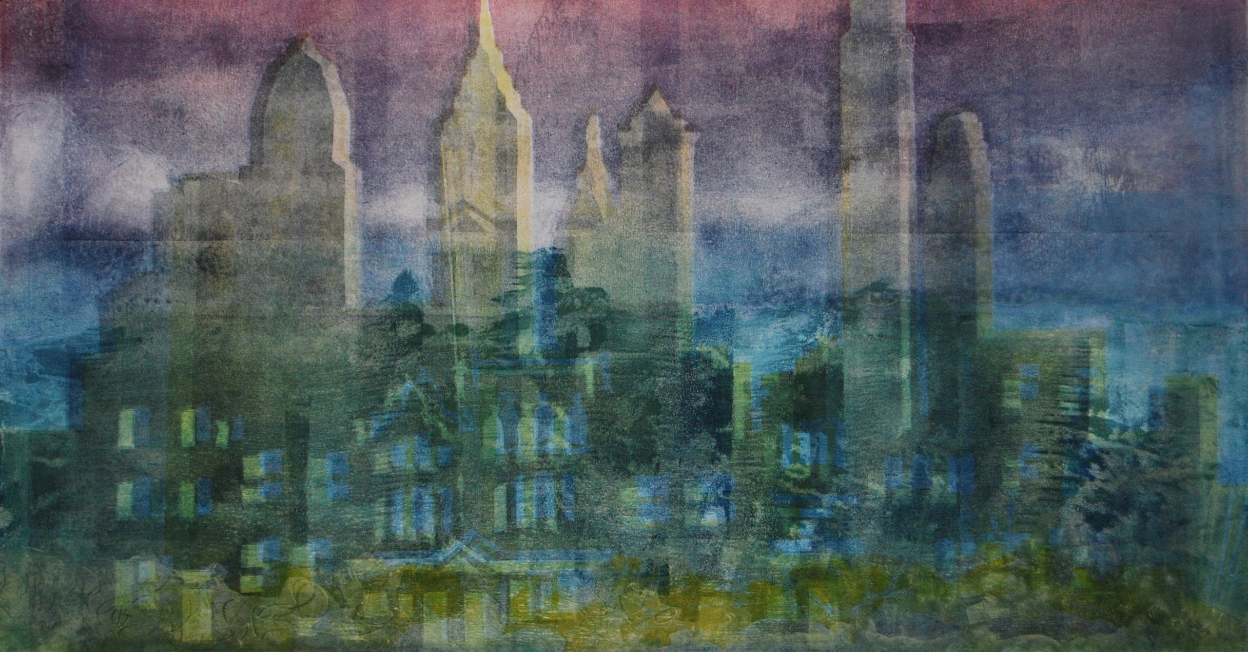 Philadelphia skyline; tornado warnings; windy day; dreamlike image; original printmaking, monotype