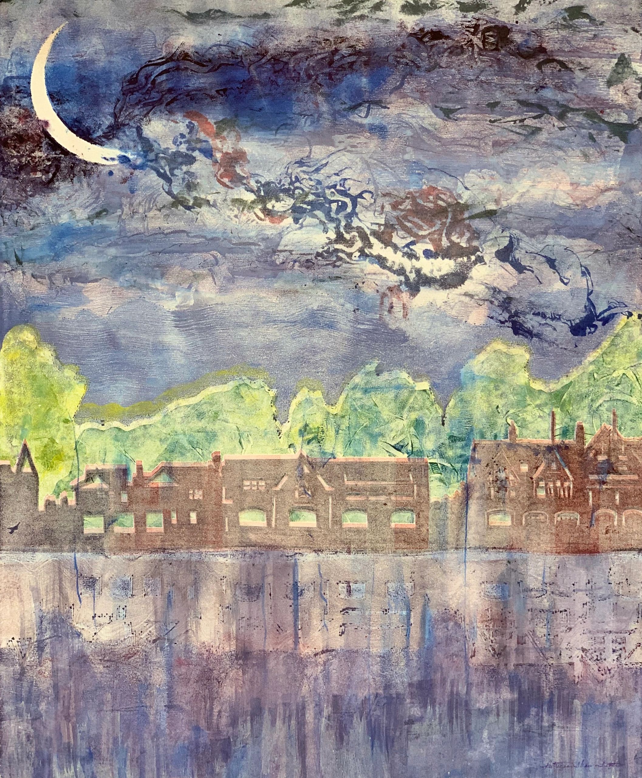 Philadelphia's Boathouse Row with dramatic sky; reflections, crescent moon; printmaking; monotype