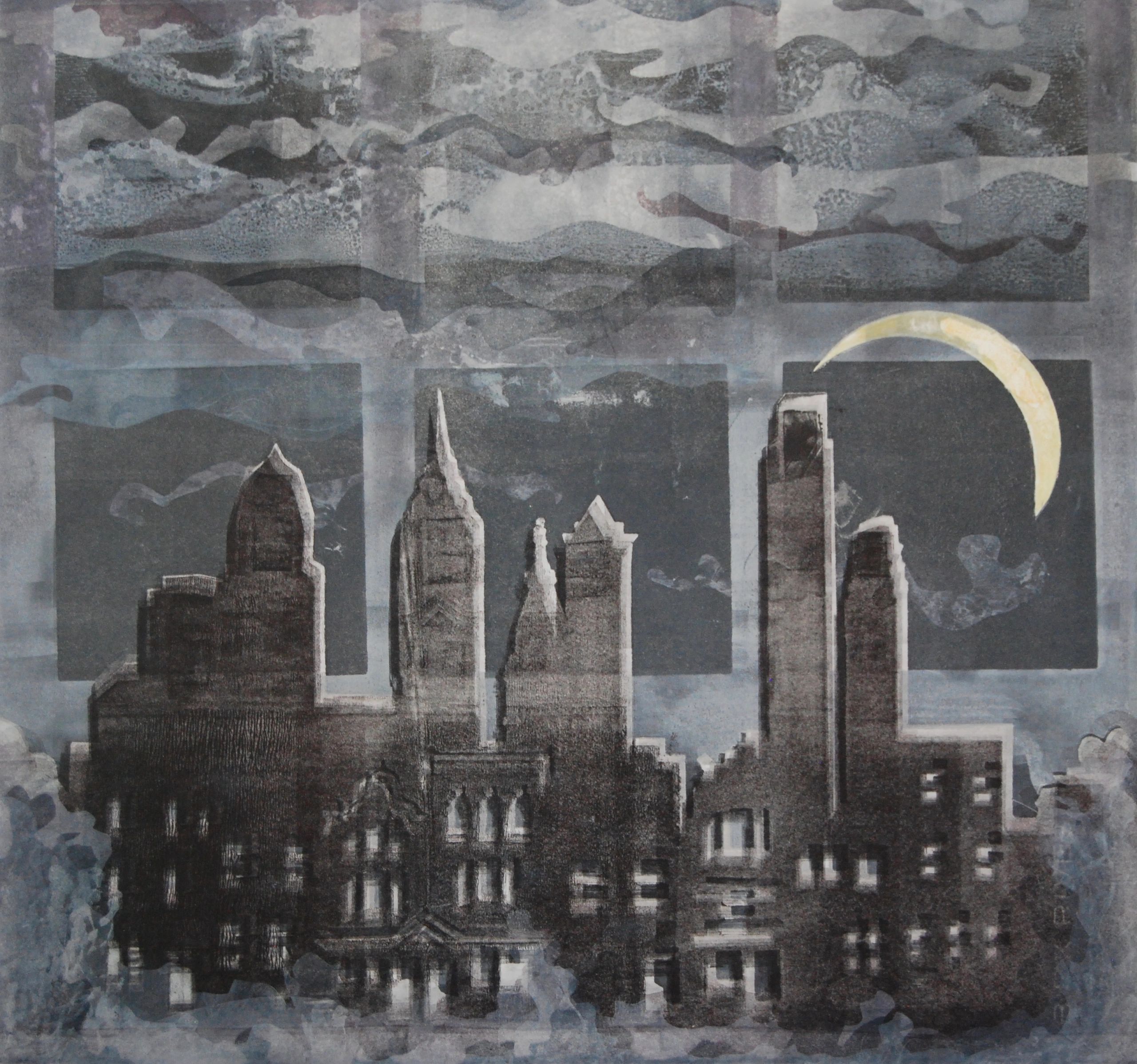 Moonlit Philadelphia skyline; original artwork; Nocturne; crescent moon; black and white; monotype