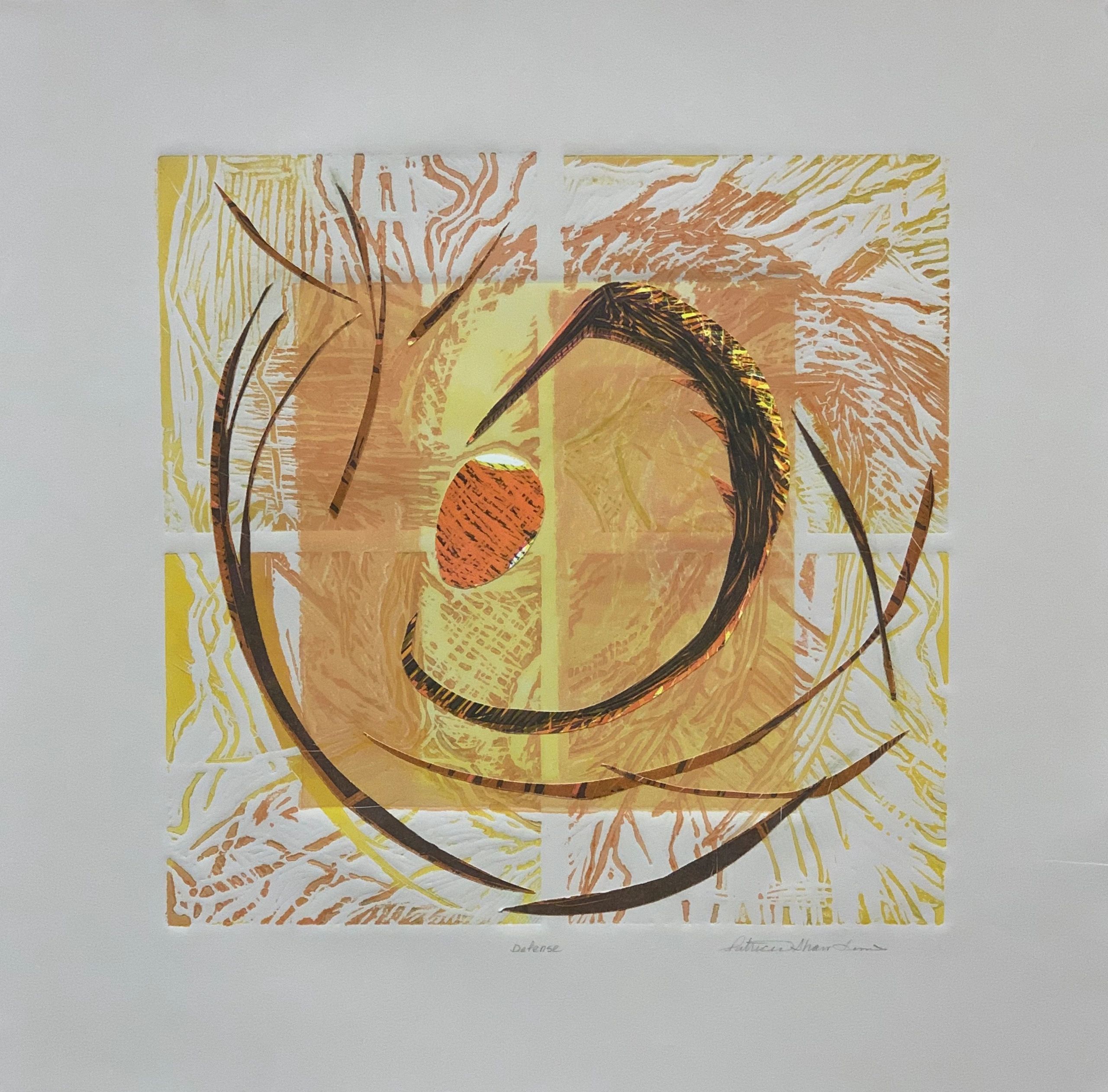 Abstract original art. Work on paper; browns and orange; collage; linocut; monotype