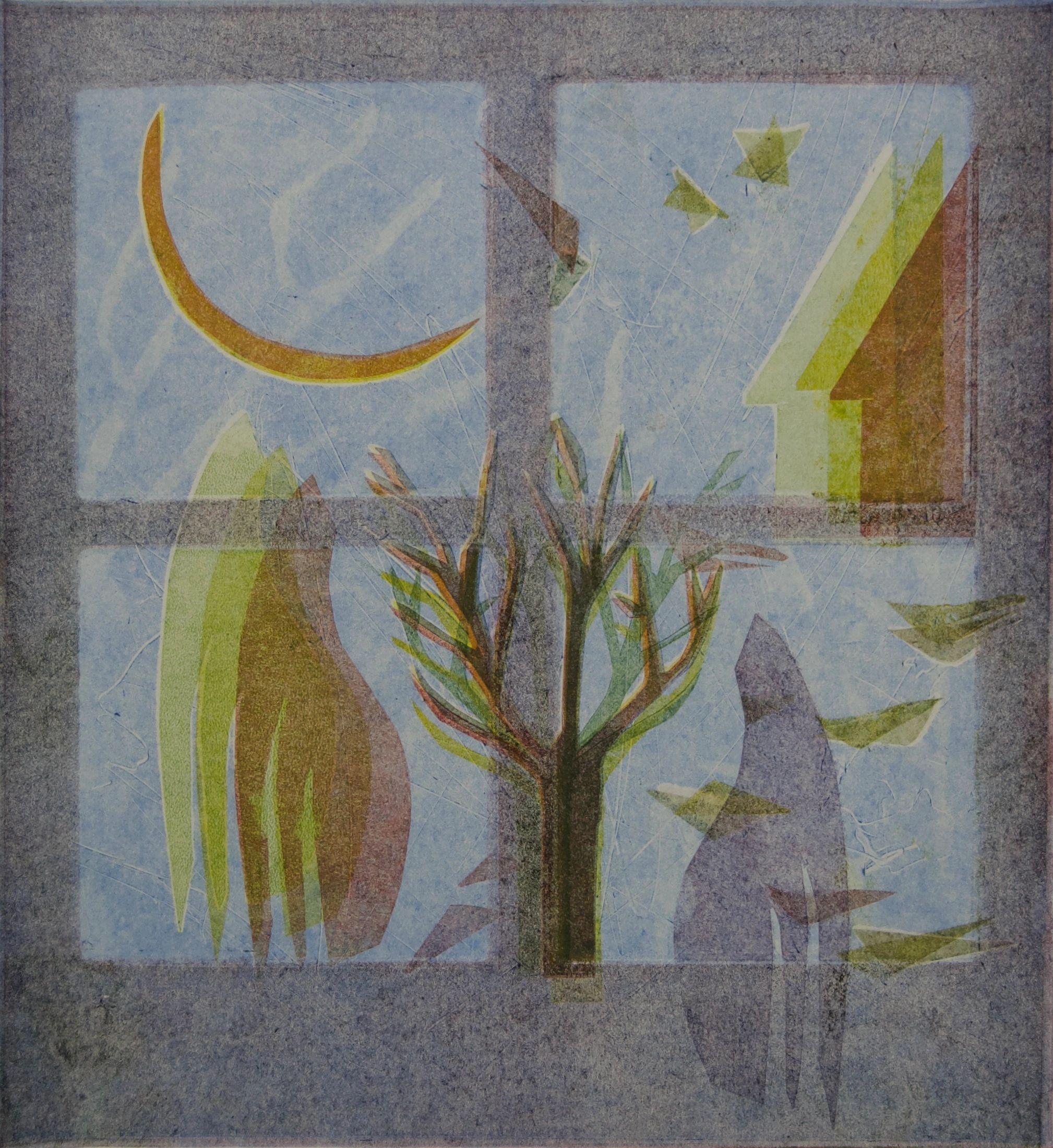 dreamy image; homesick blues; printmaking; original artwork; crescent moon; monotype