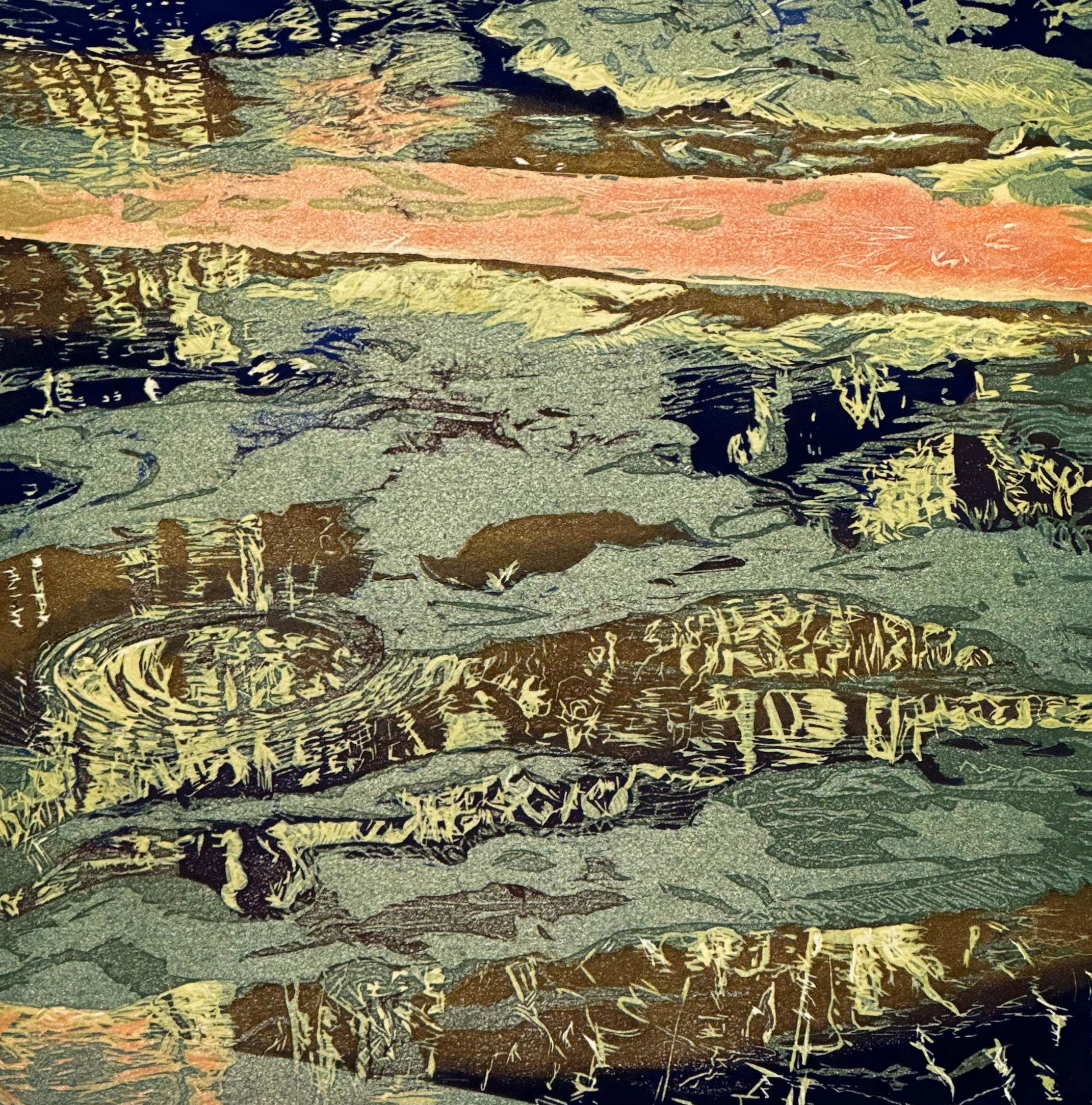 Abstract painting with textured layers of green, brown, and orange hues.