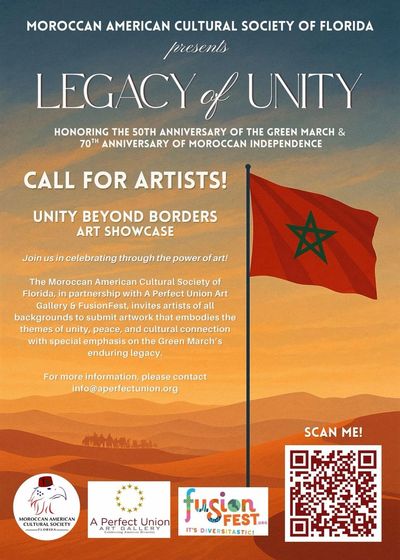 Poster for 'Legacy of Unity' art showcase honoring Moroccan Independence and Green March anniversaries.