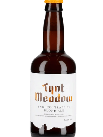 Bottle of Tynt Meadow English Trappist Blond Ale with a white label.