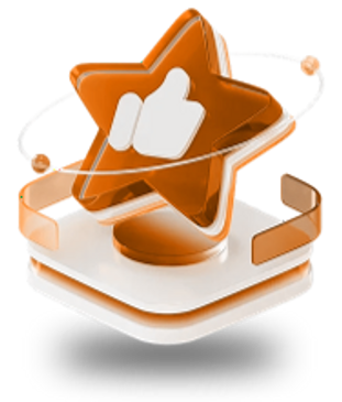 3D orange star trophy with a thumbs-up symbol and orbiting rings.