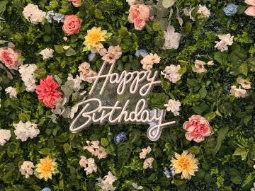Floral background with "Happy Birthday" sign.