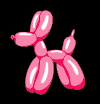 A pink balloon twisted into the shape of a dog against a black background.