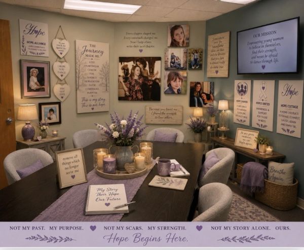 A cozy room with inspirational hope-themed decor and photographs.
