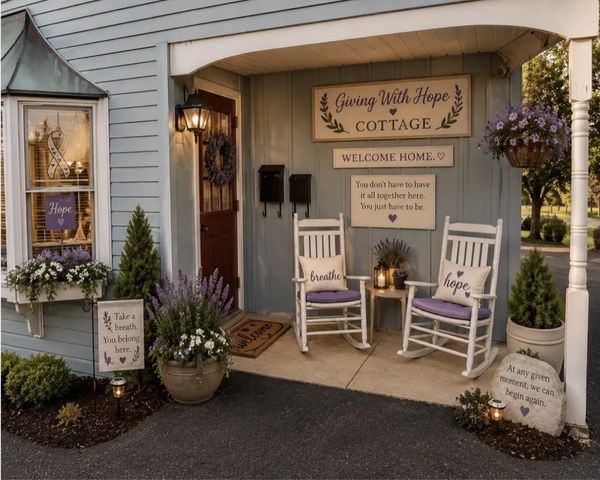 Cozy cottage porch with rocking chairs and inspirational signs.