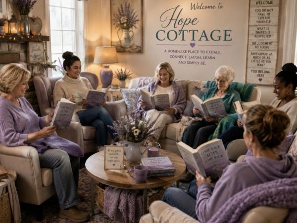 A group of women reading in a cozy, welcoming room.