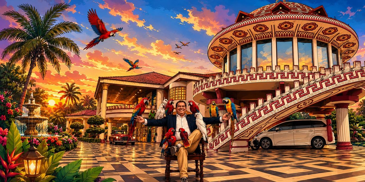 A man surrounded by colorful parrots at a grand, tropical sunset estate.