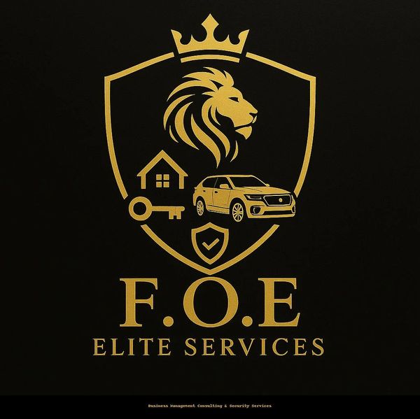 Gold lion crest logo with car, house, and key symbols for F.O.E Elite Services.
