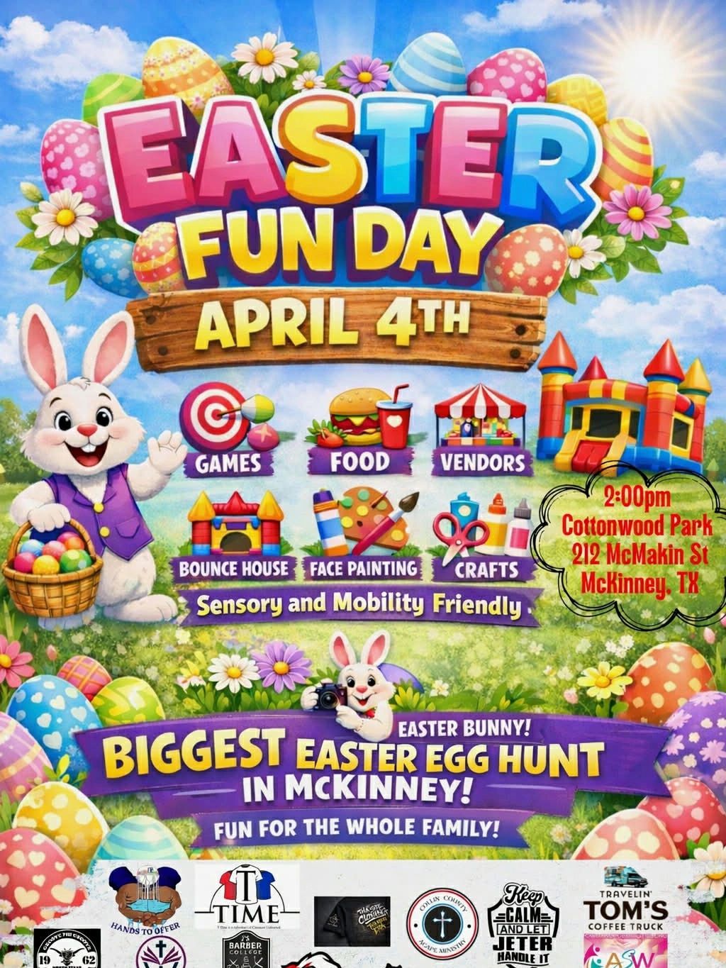 Colorful Easter Fun Day flyer with bunny and event details on April 4th.