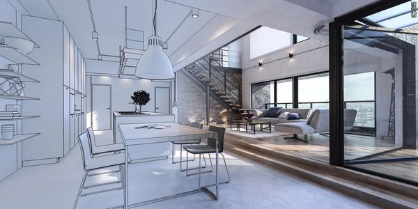 Modern living room and kitchen in transition from sketch to realistic.