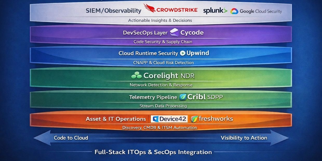 Diagram showing full-stack IT and SecOps integration with various security tools and layers.