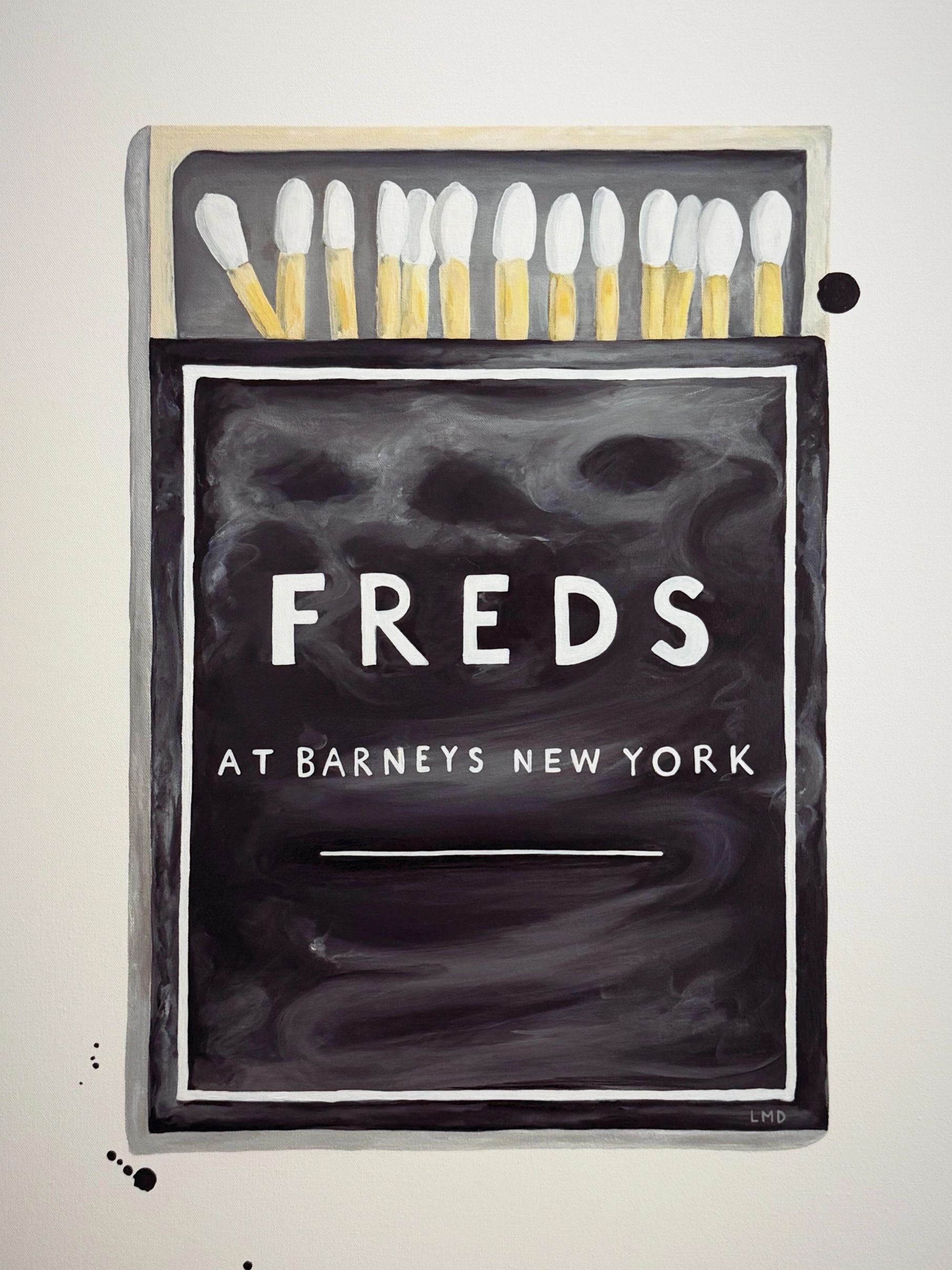 Painting of a matchbox labeled 'FREDS' with matches inside.