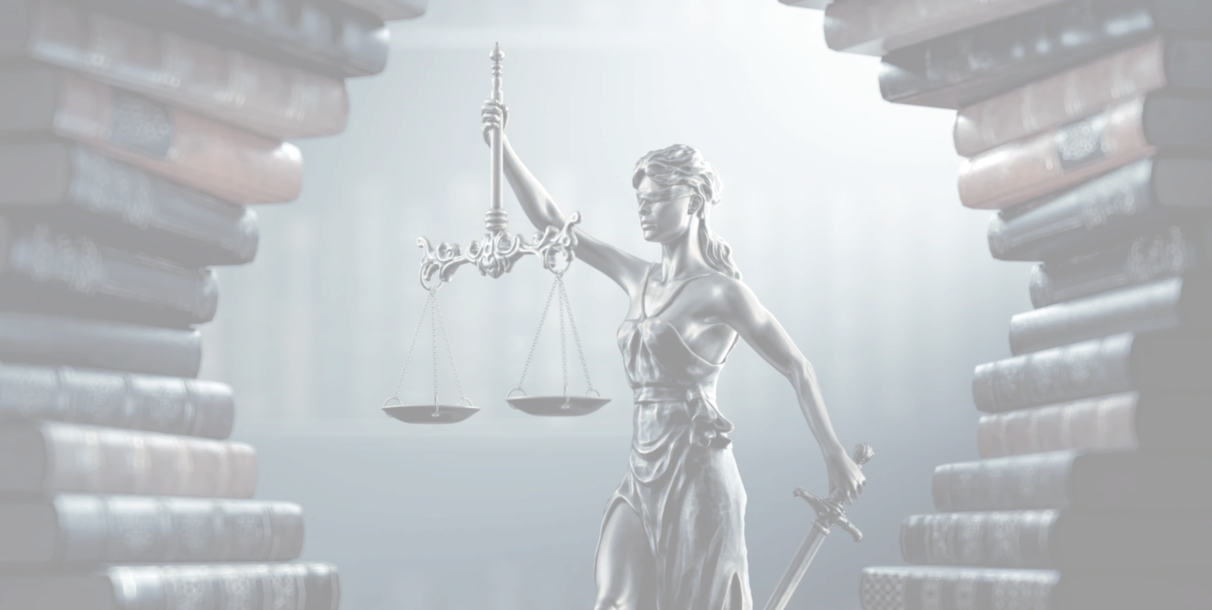 Statue of Lady Justice framed by stacks of law books.