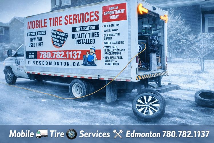 Mobile tire services truck in Edmonton on-location tire installation, seasonal tire change services