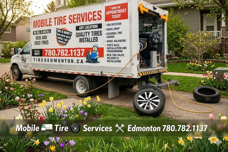 Mobile tire services truck in Edmonton on-location tire installation, seasonal tire change services 