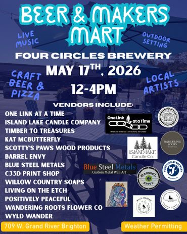 Beer &amp; Makers Mart event with live music, craft beer, pizza, and local vendors at Four Circles Brewery.