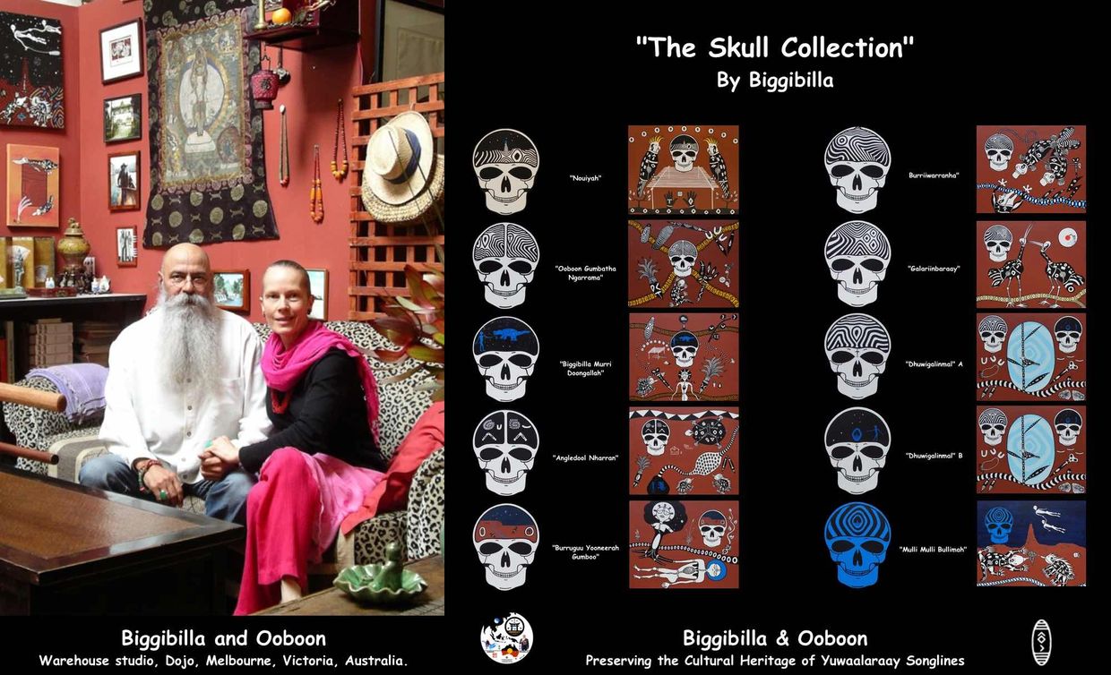 Biggibilla and Ooboon in Melbourne studio with skull art collection.