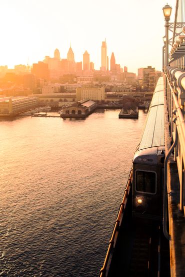 subway train crossing bridge