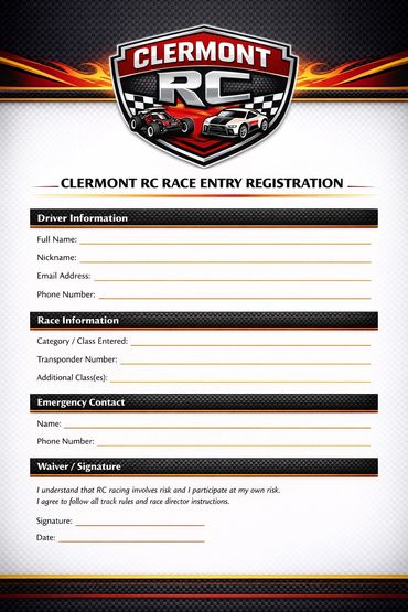 Clermont RC race registration form with driver and race information fields.