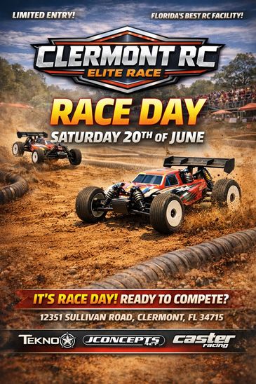 Clermont RC Elite Race Day on June 20th with off-road RC cars racing on a dirt track.