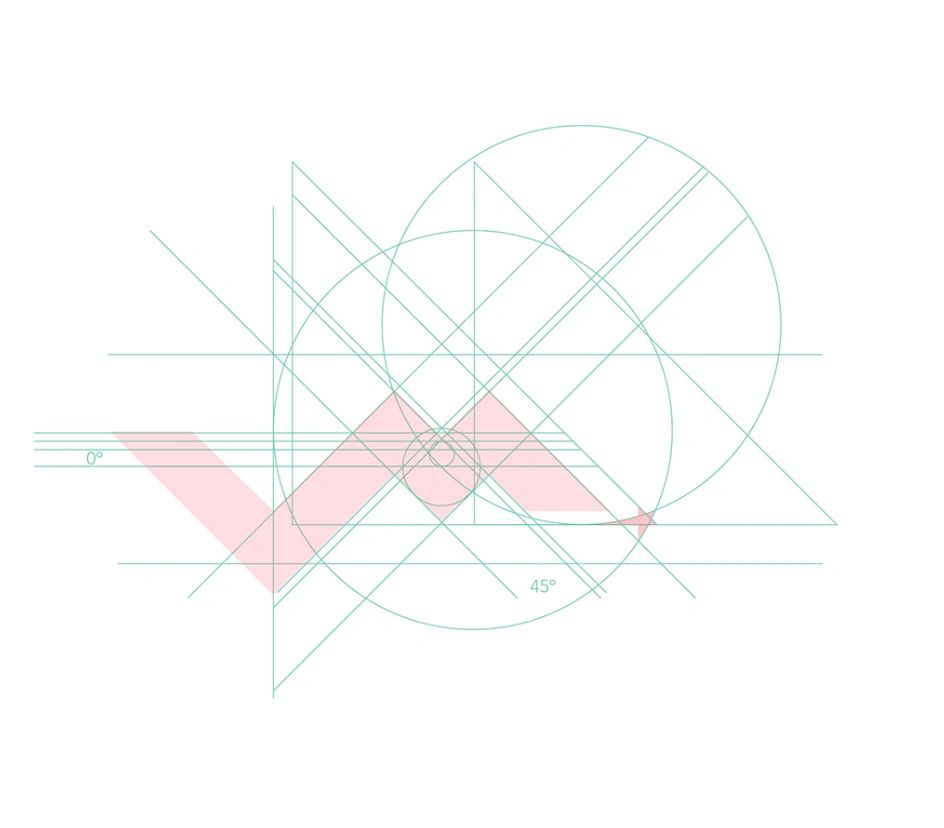 Geometric design with overlapping circles, triangles, and lines at various angles including 0° and 45°.