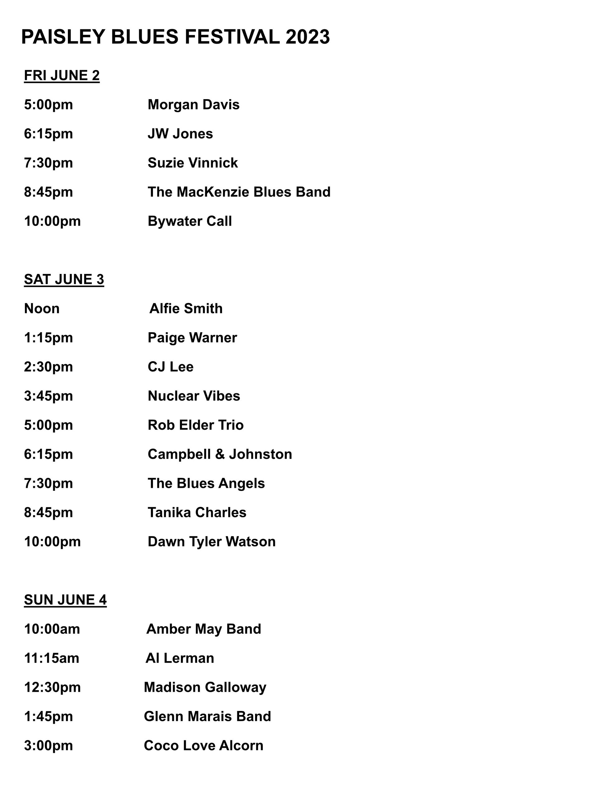 Schedule Paisley Blues Festival