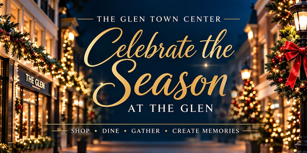 Holiday decorations adorn The Glen Town Center for seasonal celebrations.