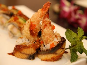 Baked Eel & Avocado, Caviar on Top of Cucumber, Shrimp Tempura and Cream Cheese