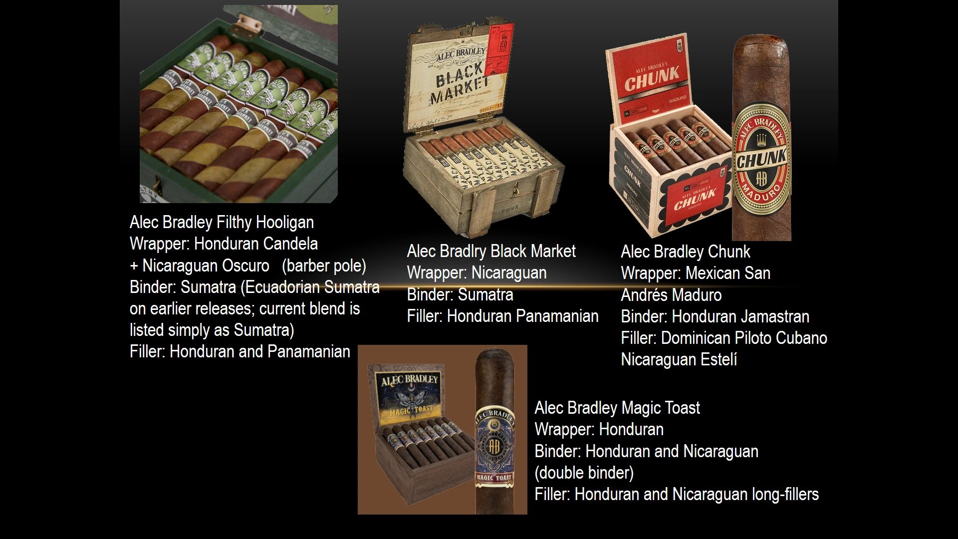 Various Alec Bradley cigar boxes with detailed wrapper, binder, and filler information.